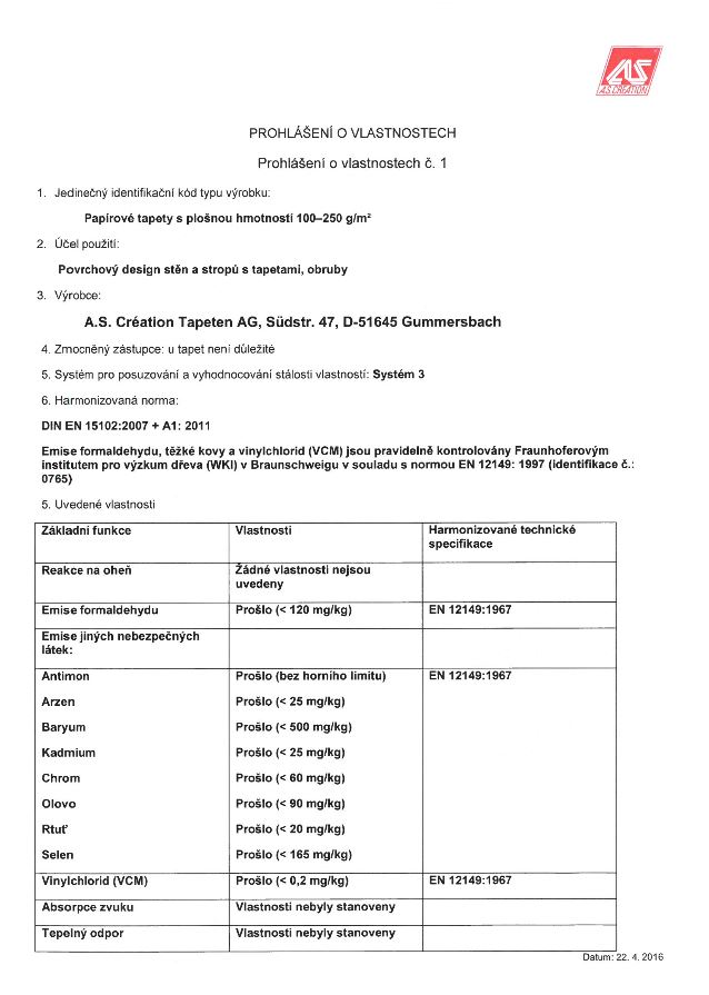 CERTIFICARE CE - tapete AS. Création - declarație privind proprietățile